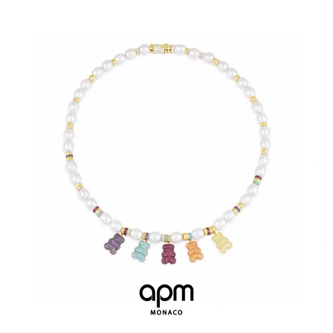APM Monaco Pearl and Crystal Bear Charm Necklace
